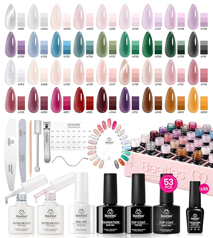 Beetles Jelly Gel Nail Polish Set, 53PCS 36 Colors Jelly Pink Milky White Red Black Blue Green Silver Cat Eye Base Glitter Glossy Matte Top Coat Crystal Ice Collection French Nails Gift for Women-Velvo Beauty