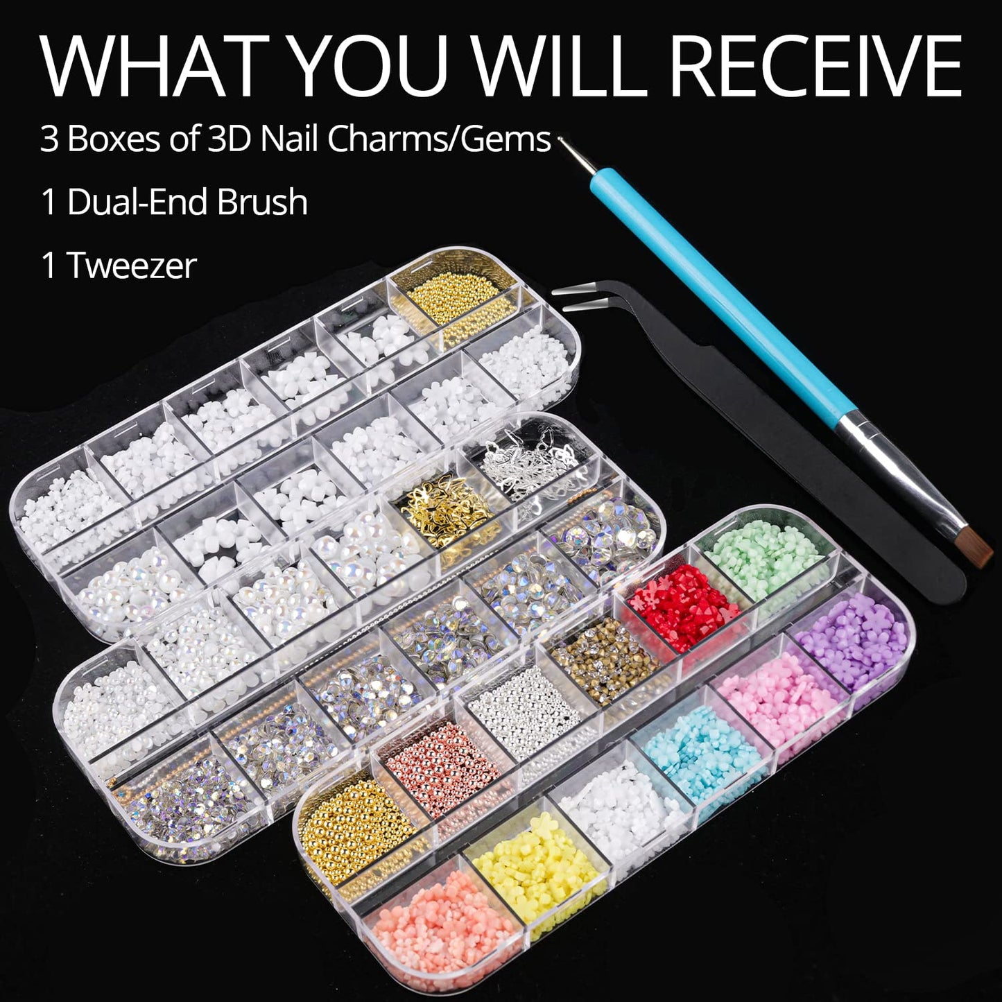 Mixed 3D Nail Art Gem Decoration Accessories Kit #3, Butterfly Starry AB Rhinestone Charm Jewelry for Deco, Pearl Flower Caviar Bead Stone Crystal with Dual-End Brush and Tweezer-Velvo Beauty