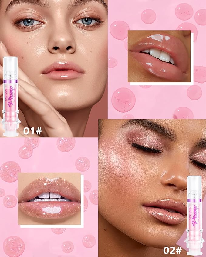 Lip Plumping Booster Lip Gloss,Plump and Pout Lip Plumper Hydrating & Volumizes Lip Wrinkles,Enhancing Plump Effect for Fuller Lips,High Shine Lip Glaze,Women's Day Makeup Gift for Women-01+02-Velvo Beauty