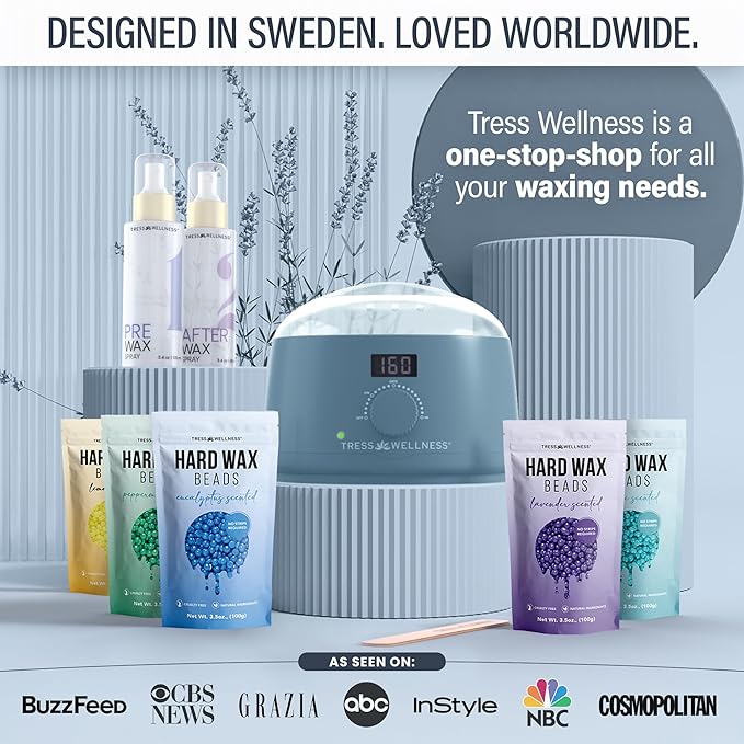 Tress Wellness Waxing Kit for Sensitive Skin – Safe for Face & Skin, Prep & Aftercare Spray, Easy to Use – At-Home Kit for Face, Bikini, Brazilian & Full Body - Digital Display, Blue-Velvo Beauty