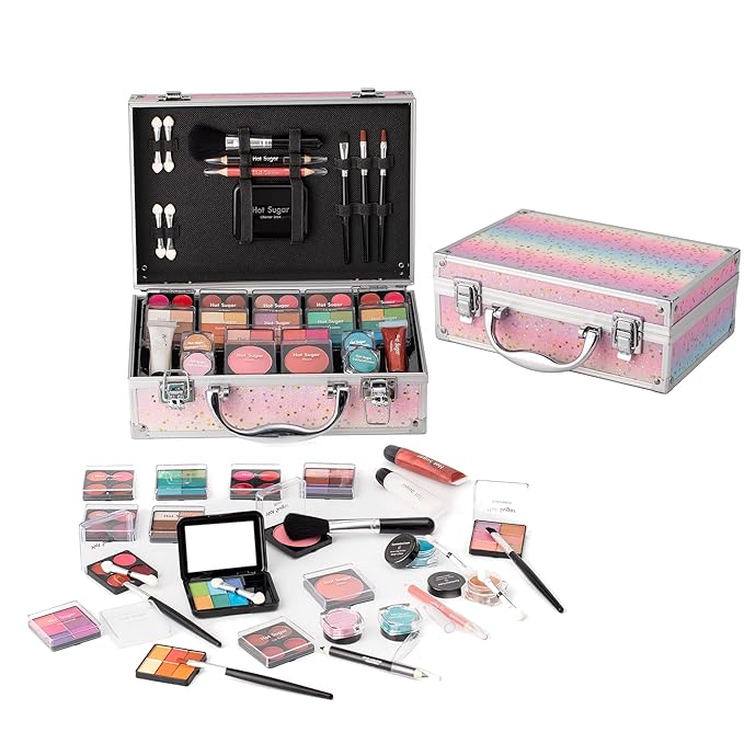 Hot Sugar Makeup Kit for Teenager Girls - Full Starter Cosmetics Set with Eye Shadow Lip Balm Blush Lip Gloss Brush Lip Pencil Eye Pencil and Mirror (Rainbow)-Velvo Beauty