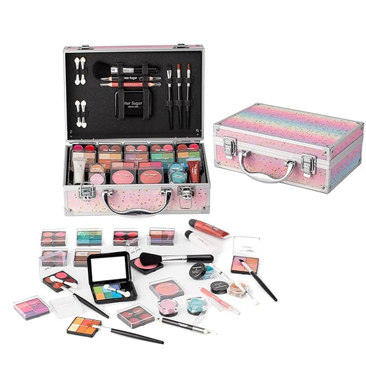 Hot Sugar Makeup Kit for Teenager Girls - Full Starter Cosmetics Set with Eye Shadow Lip Balm Blush Lip Gloss Brush Lip Pencil Eye Pencil and Mirror (Rainbow)-Velvo Beauty
