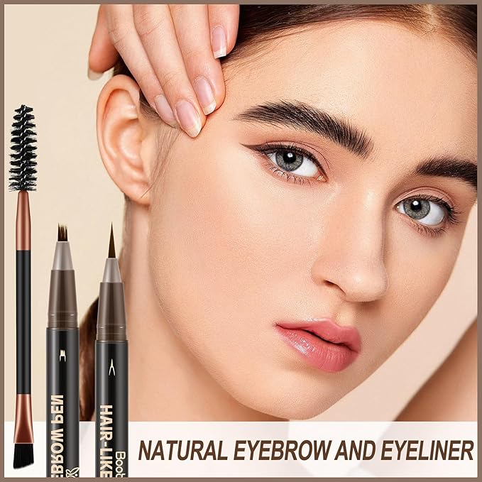 Boobeen 2pcs Waterproof Eyebrow Pen，Dual-Ended Eyeliner Microblading Eyebrow Pencil for Women，Long Lasting Hair-Like Brow Pen with Brow Brush，Dark Brown-Velvo Beauty