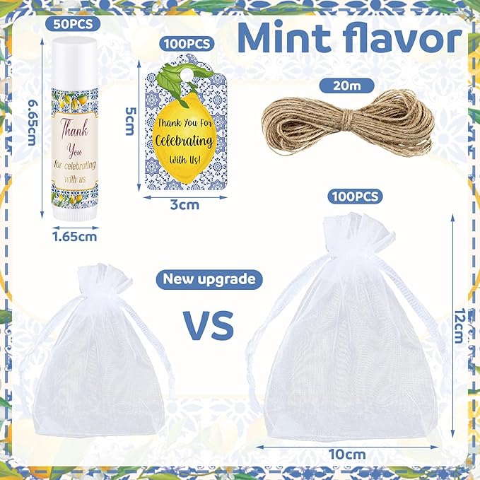 Demissle 50 Pcs Baby Shower Lip Balm Gift Set with 100 Pcs Organza Bags Baby Shower Party Favor for Guest Thank You Tag Rope Baby Shower Party Decoration Gender Reveal Souvenirs (Lemon)-Velvo Beauty