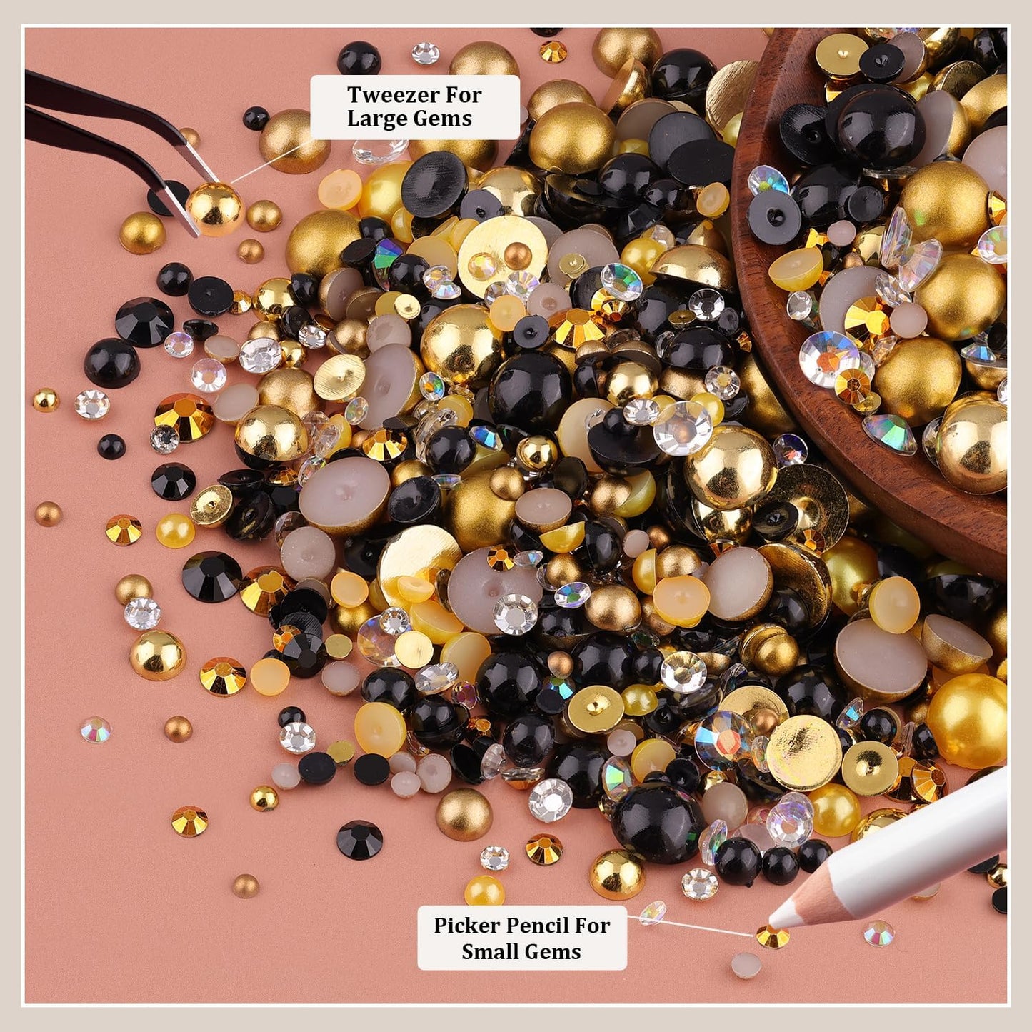 80g Flatback Pearls and Rhinestones for Crafting, Golden Black 3-10mm Resin Rhinestones and Half Pearls for Bedazzling, Nail Art and Dec with 3pcs 10ml B7000 Jewelry Glue, Tweezer and Pickup Pencil-Velvo Beauty