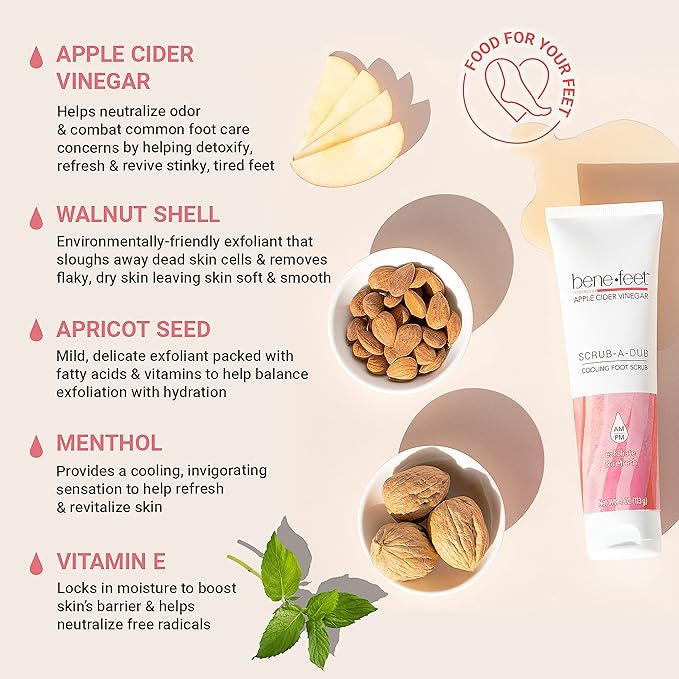 Benefeet Scrub-A-Dub Cooling Foot Scrub - Exfoliates + Refreshes Dry + Dull Skin, Get Smoother Skin from Heel to Toe, Made w/Vitamin E, Apple Cider Vinegar, Walnut Shell + Apricot Seed, 4 oz (1 Pack)-Velvo Beauty