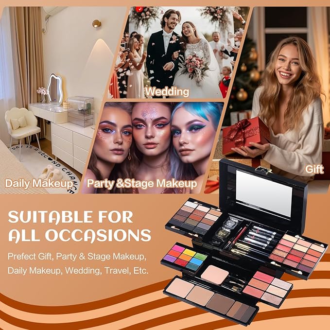 Professional Makeup Kit for Women Girl Full Kit with Mirror 60 Colors All in One Make up Gift Set Included Eyeshadow,Blusher,Highlighter,Compact Powder,Brow Powder,Lipstick,Glitter,Eyeliner,Mascara 01-Velvo Beauty