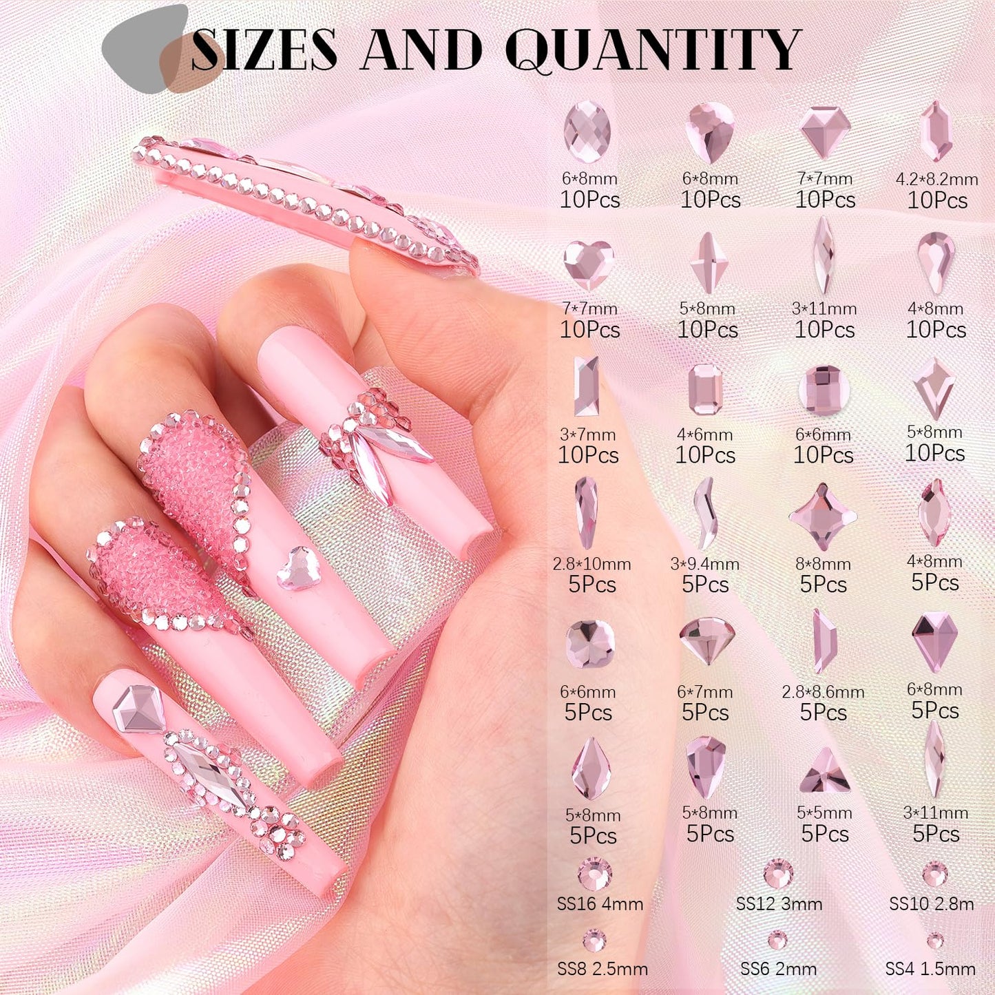 1680Pcs Pink Glass Nail Rhinestones 180Pcs Multi Shapes Flatback Nail Gems + 1500Pcs 1.5-4mm Round Crystal with Rhinestones Glue Gel, Manicure Nail Charms Diamond Gemstones for Nail Art-Velvo Beauty