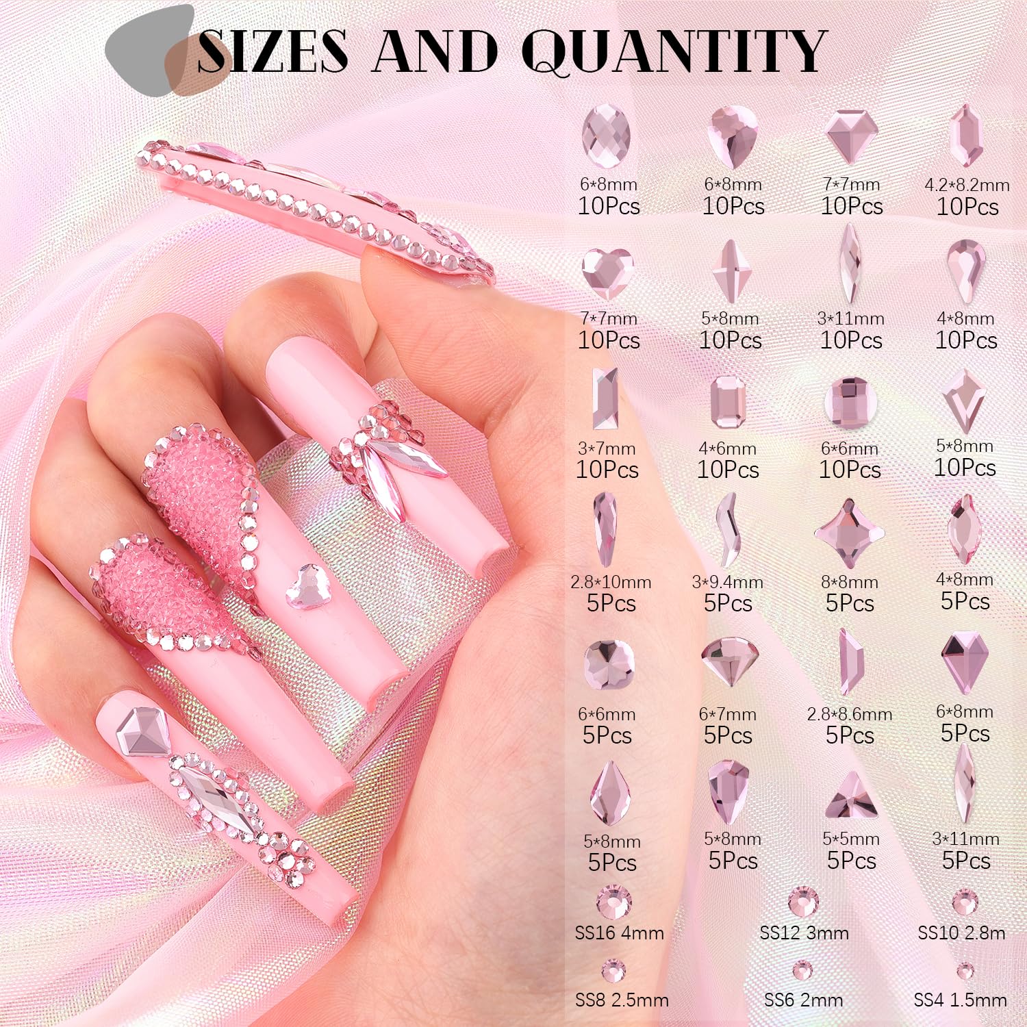 1680Pcs Pink Glass Nail Rhinestones 180Pcs Multi Shapes Flatback Nail Gems + 1500Pcs 1.5-4mm Round Crystal with Rhinestones Glue Gel, Manicure Nail Charms Diamond Gemstones for Nail Art-Velvo Beauty