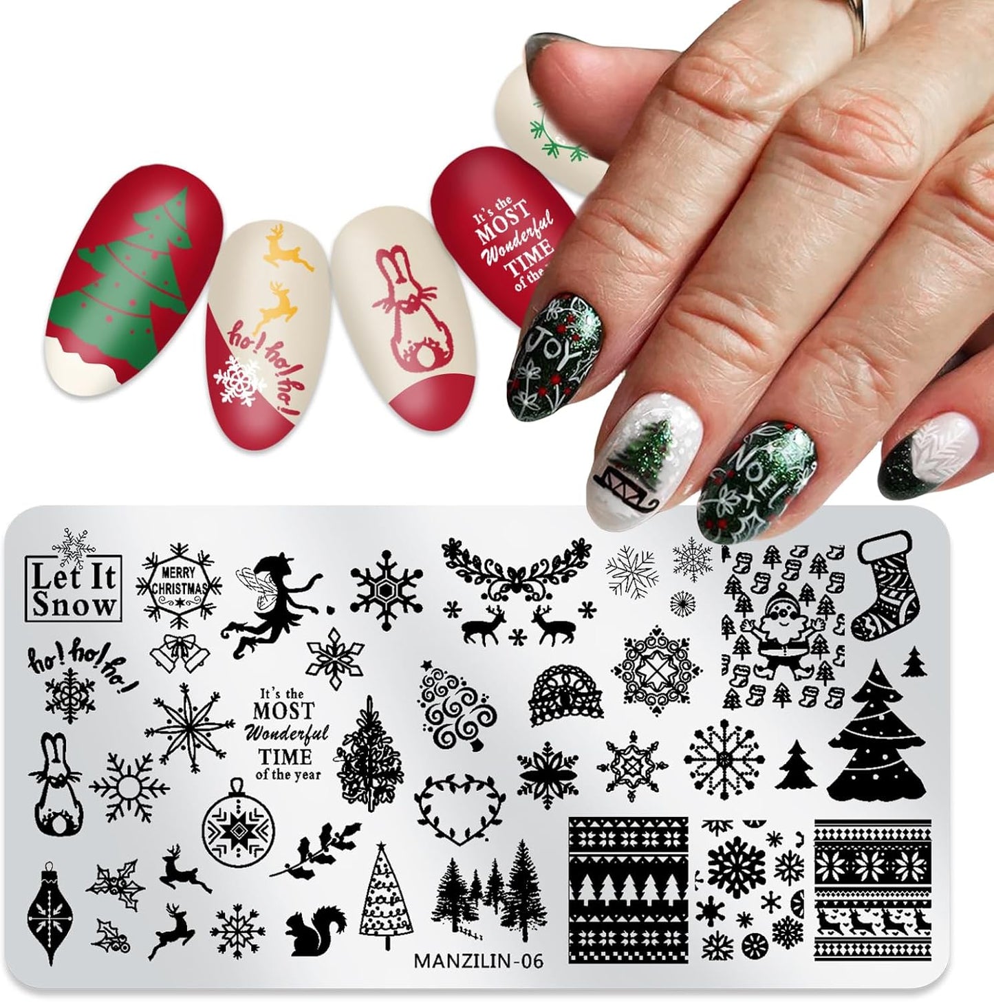 Christmas Nail Stamping Plates - Winter Stamp Kit with Snowflake, Santa Claus, Christmas Tree, Elk & Candy Bells Designs - DIY Stainless Steel Nail Image Polish Template Kit (8Pcs)-Velvo Beauty