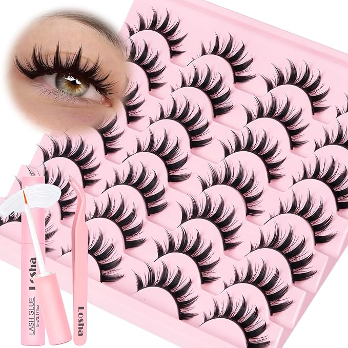 Losha Lashes Spiky Manga Lashes 14 Pairs Anime False Eyelashes 8D Wispy Eye Lashes Kit with Lash Glue and Lash Tweezers Natural Soft Fake Eyelashes (Cutes)-Velvo Beauty