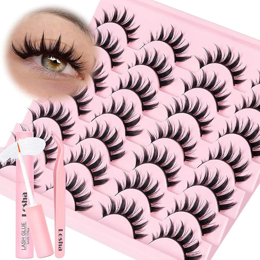 Losha Lashes Spiky Manga Lashes 14 Pairs Anime False Eyelashes 8D Wispy Eye Lashes Kit with Lash Glue and Lash Tweezers Natural Soft Fake Eyelashes (Cutes)-Velvo Beauty
