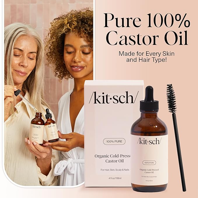 Kitsch Organic Castor Oil for Hair Growth - 100% Pure Castor Oil, Organic Cold Pressed Unrefined Glass Bottle for Face, Skin, Lashes, Brows, Scalp, Nails & Belly Button - Hexane Free, USDA - 4 oz-Velvo Beauty