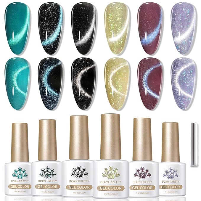 Born Pretty Cat Magnetic Eye Gel Nail Polish, 6 Colors 9D Magnetic Glitter Gel Polish Set Black Blue Purple Green Nail Polish Kit Soak Off LED Nail Art DIY Salon Gift-Velvo Beauty