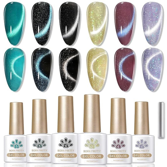 Born Pretty Cat Magnetic Eye Gel Nail Polish, 6 Colors 9D Magnetic Glitter Gel Polish Set Black Blue Purple Green Nail Polish Kit Soak Off LED Nail Art DIY Salon Gift-Velvo Beauty
