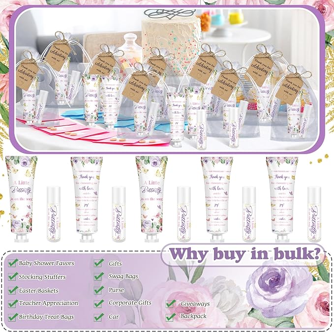 50 Sets 200 Pcs Baby Shower Hand Lotion and Lip Balm Gift Theme Baby Shower Party Favors Travel Size Hand Lotion and Lip Balm Bulk with Organza Bags Tags(Butterfly)-Velvo Beauty