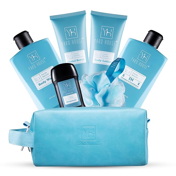 Bath and Body Mens Gift Set - Glacier Absolute - Premium Fathers Day Birthday Christmas Gifts Ideas For Him - Skin Care Kits For Men in Leather Toiletry Bag w. Full Size Items-Velvo Beauty