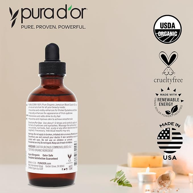 PURA D'OR 4 Oz ORGANIC Jamaican Black Castor Oil - Natural Smoky Scent - w/ 2 BONUS Empty Brushes - 100% Pure USDA Certified Cold Pressed & Roasted, Hexane Free Eyelash & Eyebrow Serum-Velvo Beauty