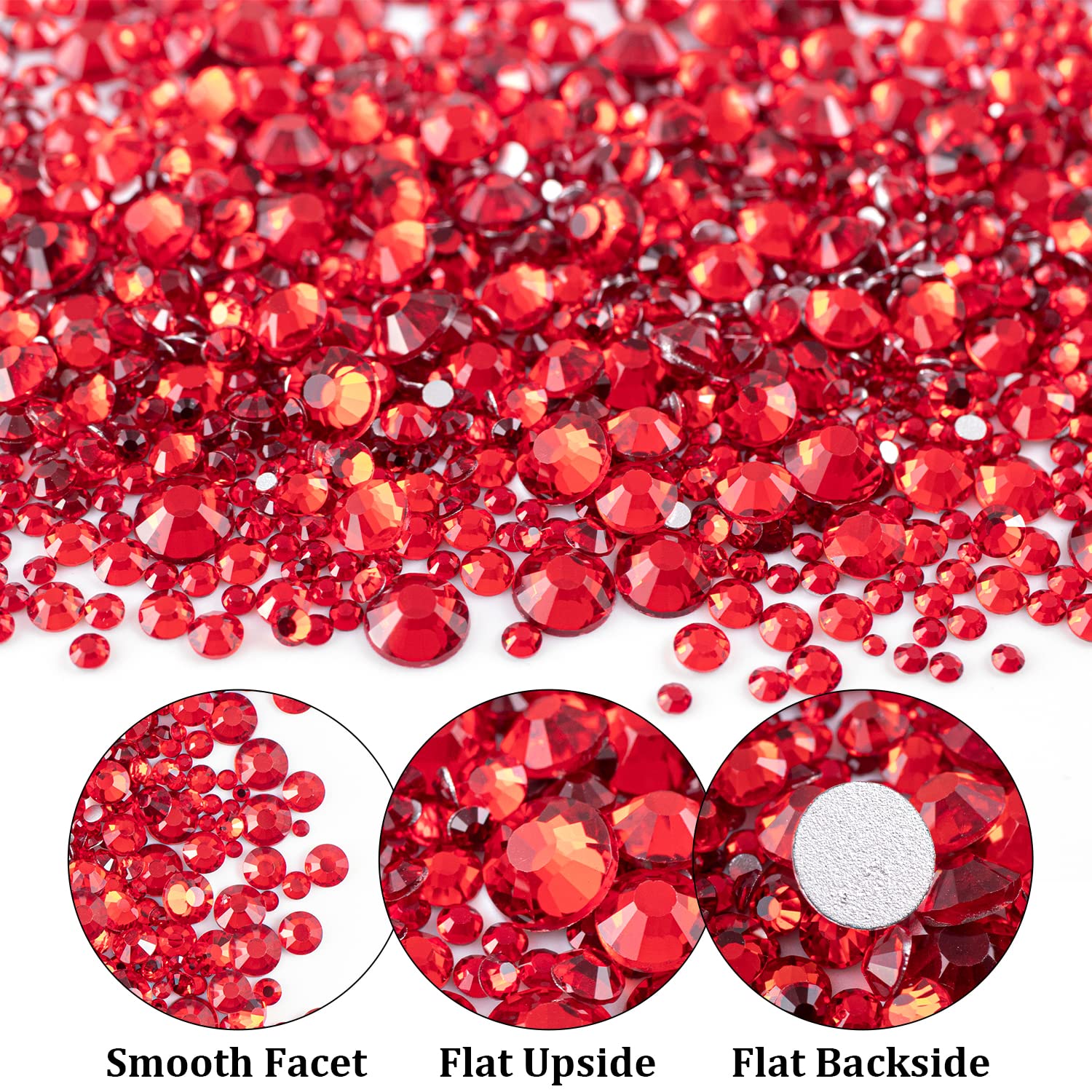 One Pack 2000 Pcs of Flatback Round Red Rhinestones 6 Sizes (1.5-6 mm) with Nail Art Rhinestone Picker Pencil and Tweezers for DIY and Salon Use-Velvo Beauty