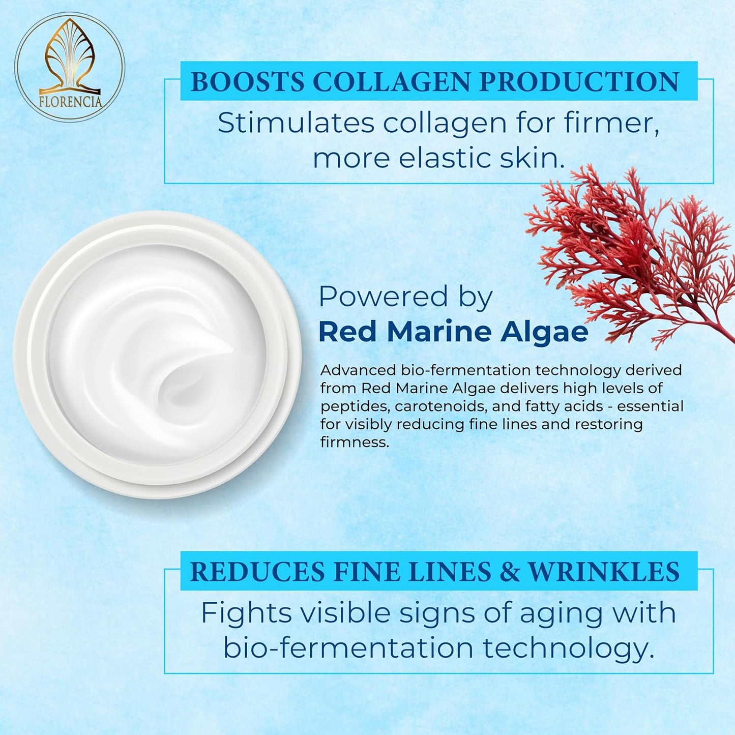 Florencia Marine Moisturizer - Youthful Radiance Face & Neck Cream - Hydrating, Nourishing, Wrinkle, Rejuvenating Cream with Marine Algae Extracts and Hyaluronic Acid for Men & Women, 2 oz-Velvo Beauty