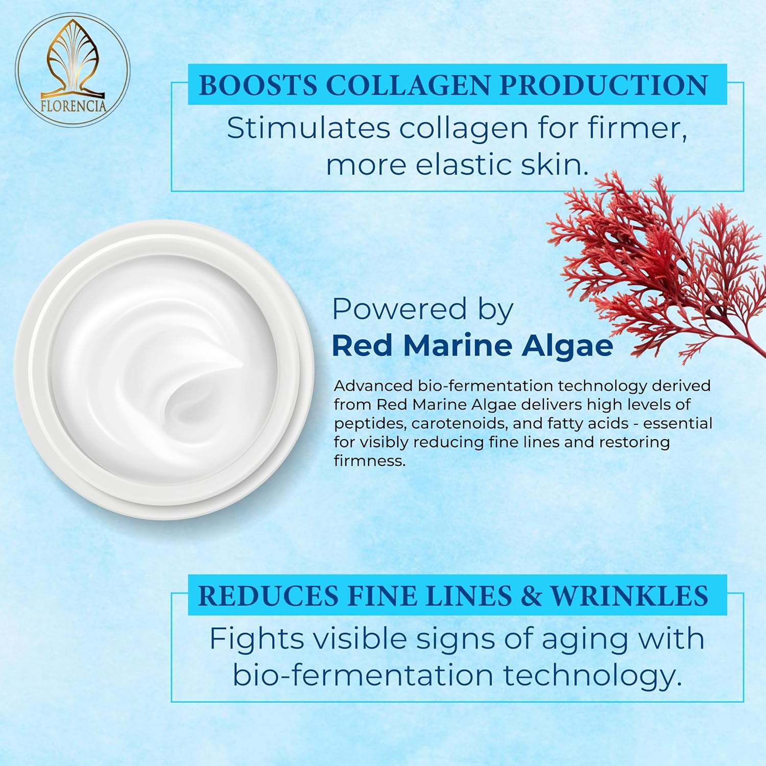 Florencia Marine Moisturizer - Youthful Radiance Face & Neck Cream - Hydrating, Nourishing, Wrinkle, Rejuvenating Cream with Marine Algae Extracts and Hyaluronic Acid for Men & Women, 2 oz-Velvo Beauty