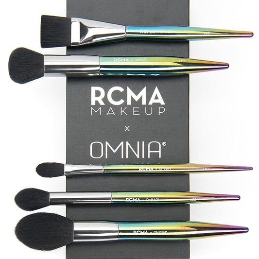 RCMA Makeup x Omnia Professional Makeup Brush 5pc Set, Premium Synthetic Fiber, Iridescent Acrylic Handle, Face Powders, Complexion and Foundation Blending Application Brush set.-Velvo Beauty