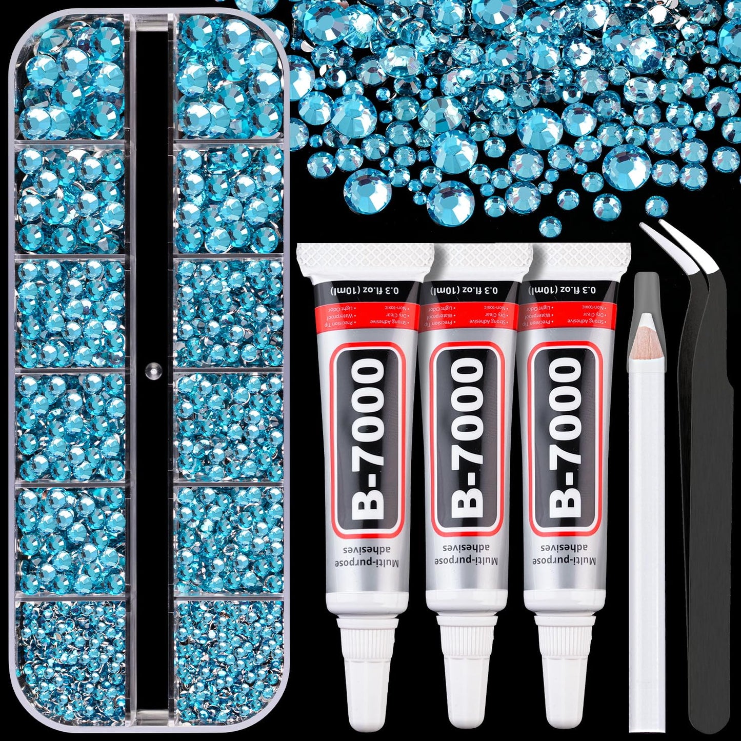 Resin Rhinestones for Crafting with B7000 Jewelry Glue, 1 Box Indicolite Flatback Crystals with 3Pcs 10ml Glue for Bedazzling Crafts DIY Nail Art Makeup，Non Hotfix Gems for Clothing Shoes-Velvo Beauty