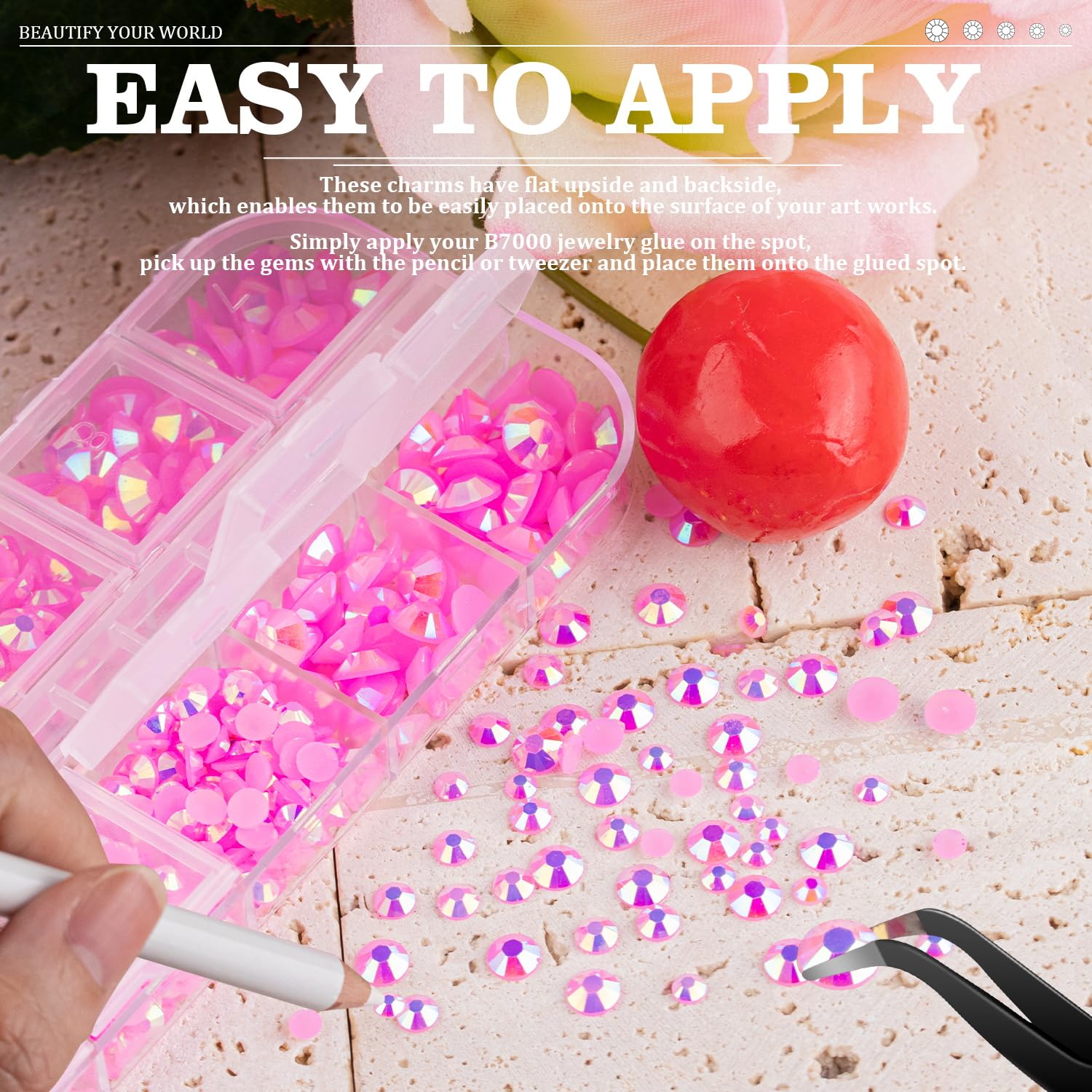 7000PCS Resin Rhinestones with Tweezers for Crafting, 2/3/4/5/6mm Flatback Jelly Rhinestones, 4 Box Pink AB Non Hotfix Crystal Gems for DIY Crafts Mugs Tumblers Clothes Makeup Nail-Velvo Beauty