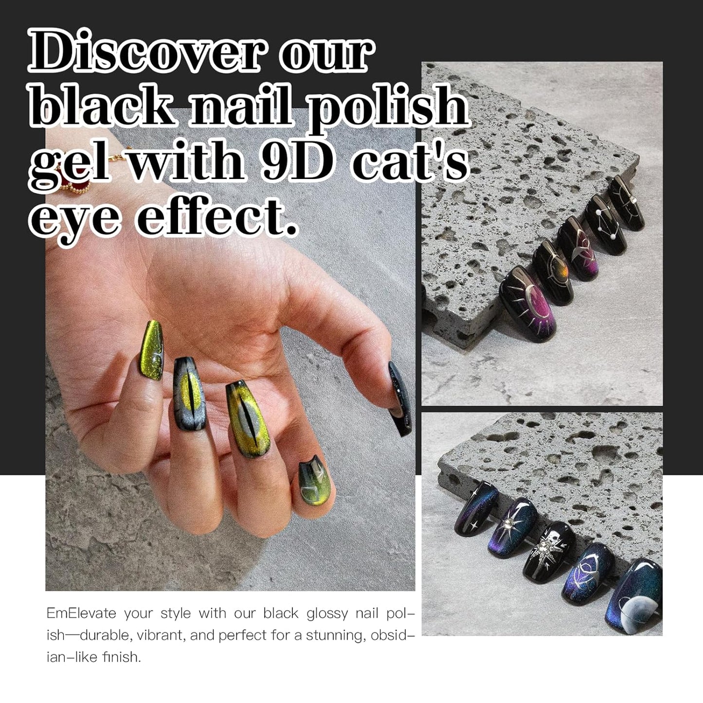 9D Cat Eye Gel Nail Polish Set, 15ml Obsidian Black Cat Eye Gel, Includes Silicone Handle Cylinder Magnetic Stick for Mesmerizing 9D Effects-Velvo Beauty