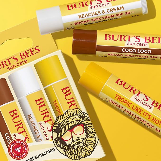 Burt’s Bees SPF 30 Lip Balm Mothers Day Gifts for Mom, Beaches and Cream, Water-Resistant Sun Care, Nano-Free Zinc Oxide Formula, Natural Origin Conditioning Lip Treatment, 3 Tubes, 0.15 oz.-Velvo Beauty