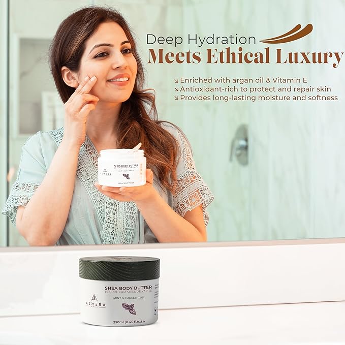 AZMERA Handcrafted Whipped Shea Body Butter – Refreshing Mint & Eucalyptus Scented Moisturizer for Dry, Sensitive Skin, Argan Oil & Vitamin E – Vegan, Non-Greasy Skincare – 8.82 oz-Velvo Beauty