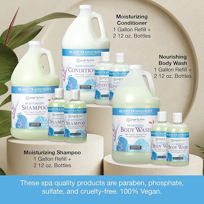 Ginger Lily Farms Botanicals Hospitality Kit, Island Tranquility, 9-Pc Set Includes Shampoo, Conditioner & Body Wash, 100% Vegan & Cruelty-Free, Green Tea Lemongrass Scent-Velvo Beauty
