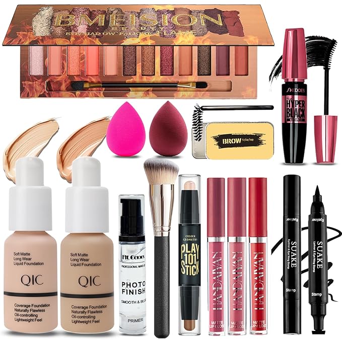 All in One Makeup Kit for Women Full Kit, 12 Colors Eyeshadow, Foundation & Primer, Lipsticks, Eyeliner, Mascara, Contour Stick, Brow Soap, Makeup Brush & Sponge, Make Up Gift Set for Women, Teens-Velvo Beauty