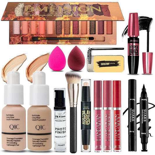 All in One Makeup Kit for Women Full Kit, 12 Colors Eyeshadow, Foundation & Primer, Lipsticks, Eyeliner, Mascara, Contour Stick, Brow Soap, Makeup Brush & Sponge, Make Up Gift Set for Women, Teens-Velvo Beauty