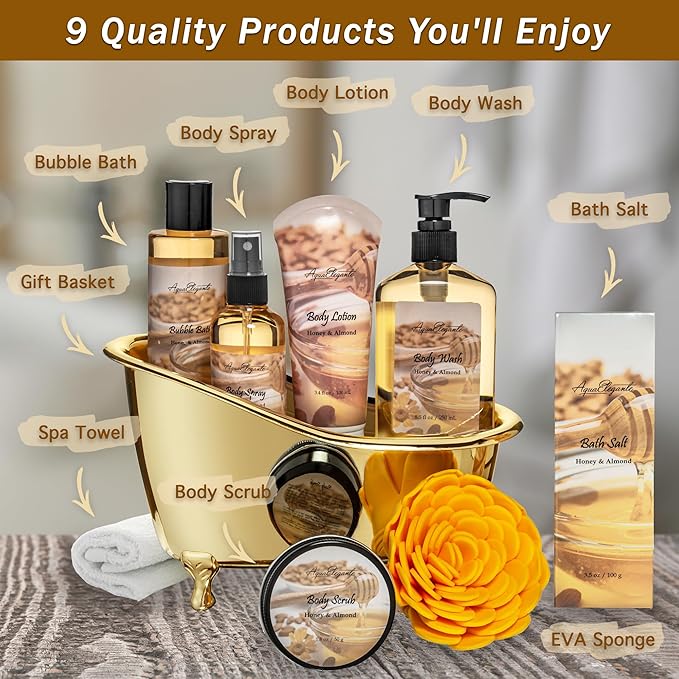 Spa Gift Baskets For Women - Luxury Bath Set With Honey & Almond - Spa Kit Includes Body Wash, Bubble Bath, Lotion, Bath Salts, Body Scrub, Body Spray, Shower Puff, and Towel-Velvo Beauty