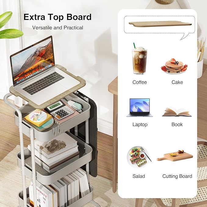 DTK 3 Tier Metal Utility Rolling Cart with Table Top and Side Bags, Tray Storage Organizer Wheels, Art Craft 4 Hooks for Kitchen Bathroom Office Living Room(Grey)-Velvo Beauty