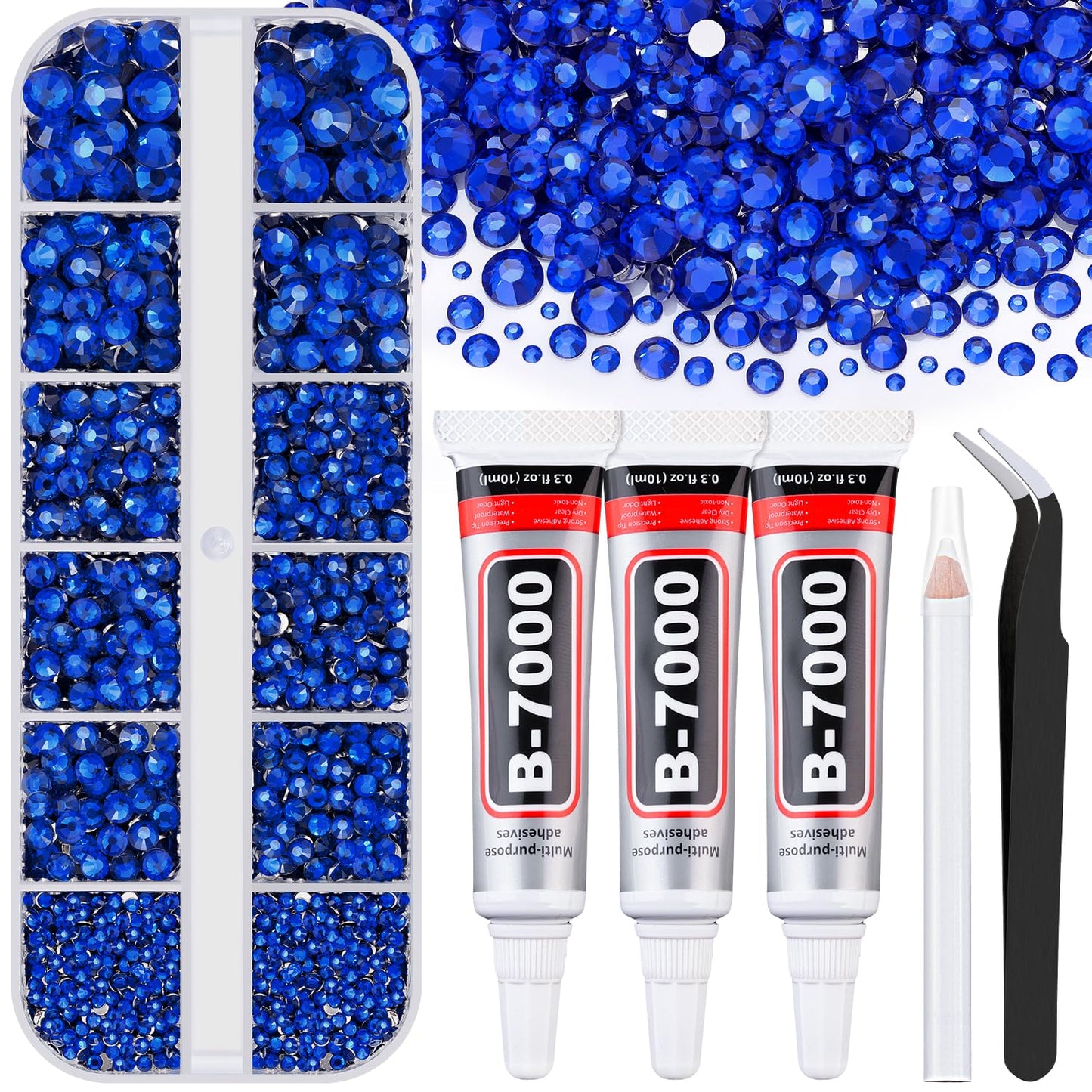 Resin Rhinestones for Crafting with B7000 Jewelry Glue, 1 Box Royal Blue Flatback Crystals with 3Pcs 10ml Glue for Bedazzling Crafts DIY Nail Art Makeup，Non Hotfix Gems for Clothing Shoes-Velvo Beauty