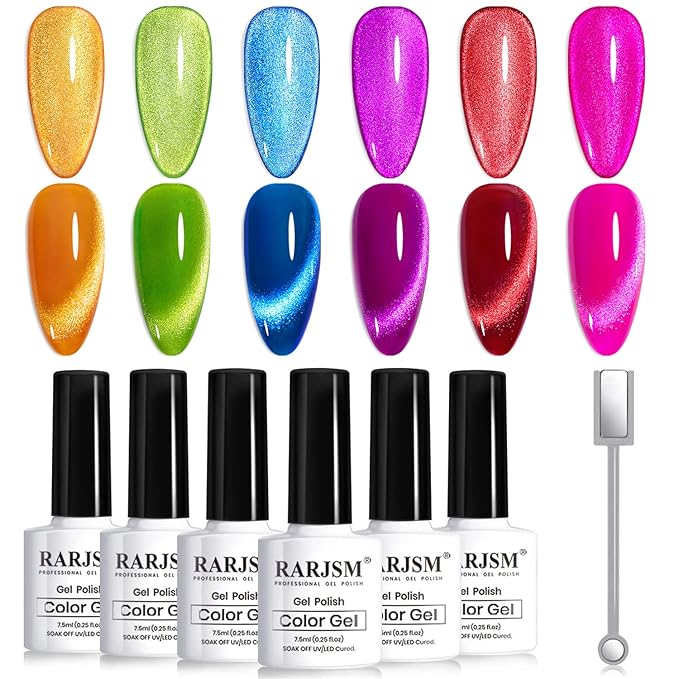 RARJSM 9D Neon Cat Eye Gel Nail Polish Set 6 Colors Velvet Silver Glitter Bright Orange Blue Red Green Rose Purple Ice Gel Polish with Magnet Stick UV LED Curing Requires Soak Off Home Salon Diy-Velvo Beauty