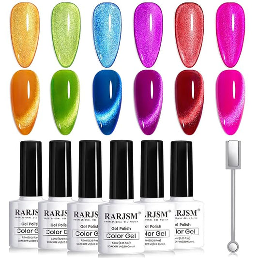 RARJSM 9D Neon Cat Eye Gel Nail Polish Set 6 Colors Velvet Silver Glitter Bright Orange Blue Red Green Rose Purple Ice Gel Polish with Magnet Stick UV LED Curing Requires Soak Off Home Salon Diy-Velvo Beauty