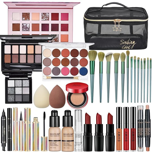 All In One Makeup Kit, Travel Makeup Kit, Makeup Kit for Women Full Kit, Makeup Gift Set for Women & Girls, Includes Foundation Eyeshadow Palette Lipstick Eyeliner Mascara Cosmetic Brush Set-Velvo Beauty