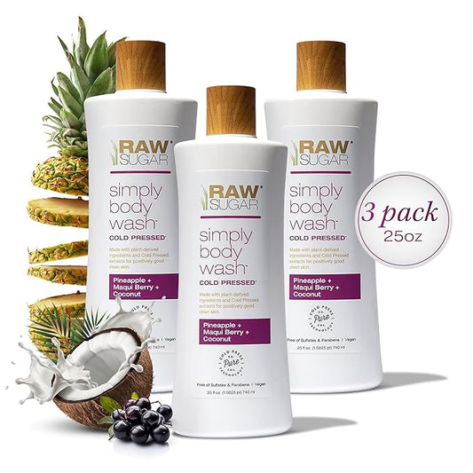 RAW SUGAR Simply Body Wash - Pineapple + Maqui Berry + Coconut, Moisturizing & Brightening Bath & Shower Gel, Sulfate-Free, Paraben-Free & Vegan (Pack of 3)-Velvo Beauty