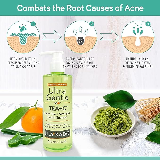 LILY SADO TEA+C™ Green Tea & Vitamin C Face Cleanser – Natural Vegan Antioxidant Daily Face Wash with Aloe, Rosehip, Meadowfoam - Gentle Deep Cleansing for Acne, Blackheads, Blemishes. 8 oz-Velvo Beauty