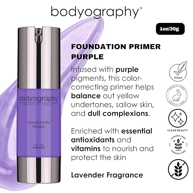 BODYOGRAPHY - Foundation Primer (Purple): Flawless Anti-Aging Salon Makeup Primer w/Vitamin E, A, Jojoba, Grapeseed Oil | Control Shine | Gluten-Free, Cruelty-Free, 1 oz.-Velvo Beauty