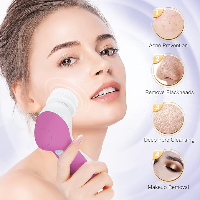 COSLUS Facial Cleansing Brush Silicone Face Scrubber: 7 in 1 FBS-D Electric Exfoliating Rotating Massage Device Waterproof Deep Cleaning Exfoliation Spa Machine - Electronic Skin Care Wash System-Velvo Beauty