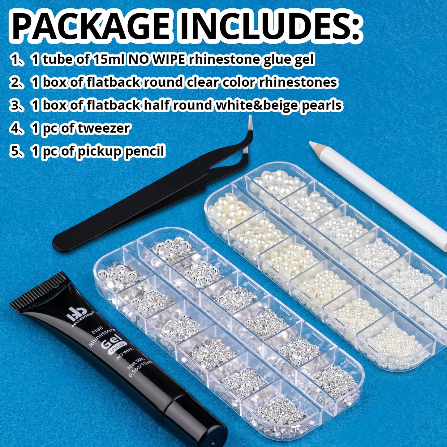 Nail Art Rhinestone Glue Gel&2 Boxes Flatback Gems Kit, 1 Tube of 15ml Rhinestone Gel Glue(UV/LED Needed)+Round Clear Gems+Flat-Back Half Round White&Beige Pearls with Pickup Tools-Velvo Beauty