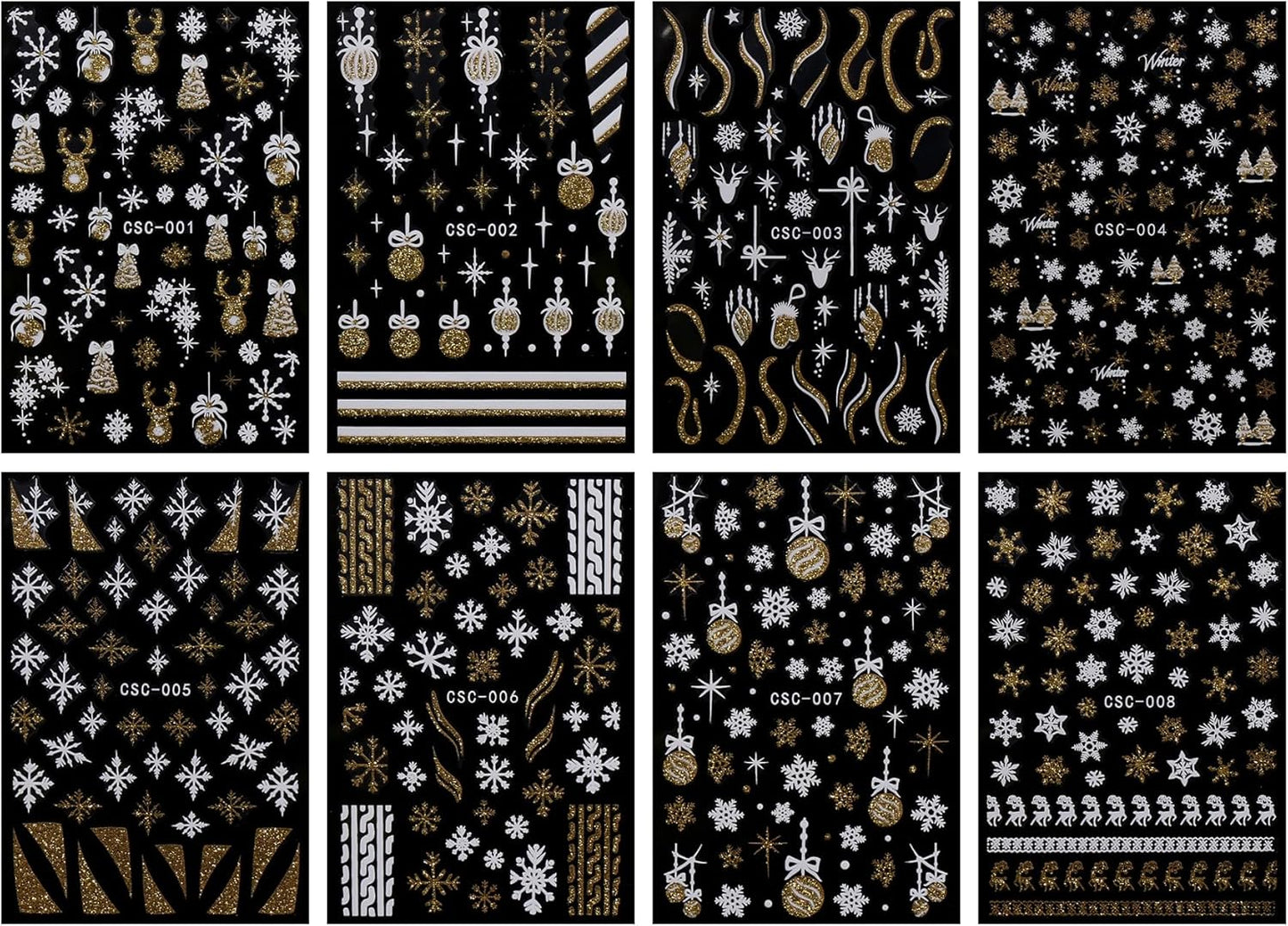 JMEOWIO 8 Sheets Christmas Glitter Nail Art Stickers Decals Self-Adhesive Snowflake Winter Holiday Cute Nail Supplies Nail Art Design Decoration Accessories-Velvo Beauty