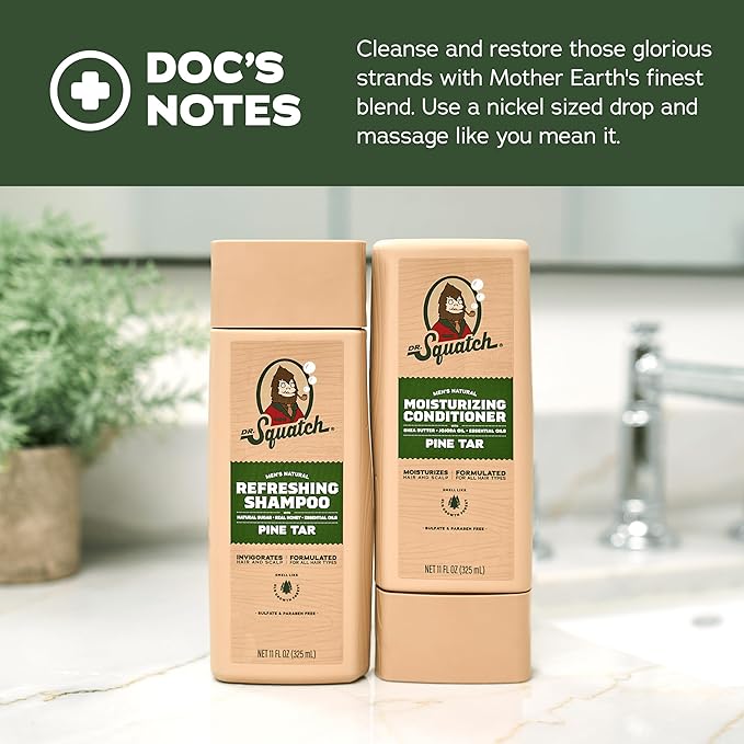 Dr. Squatch Natural Hair Bundle for Men - Healthy, Full Looking Hair - Pine Tar Shampoo (11 fl oz), Pine Tar Conditioner (11 fl oz)-Velvo Beauty