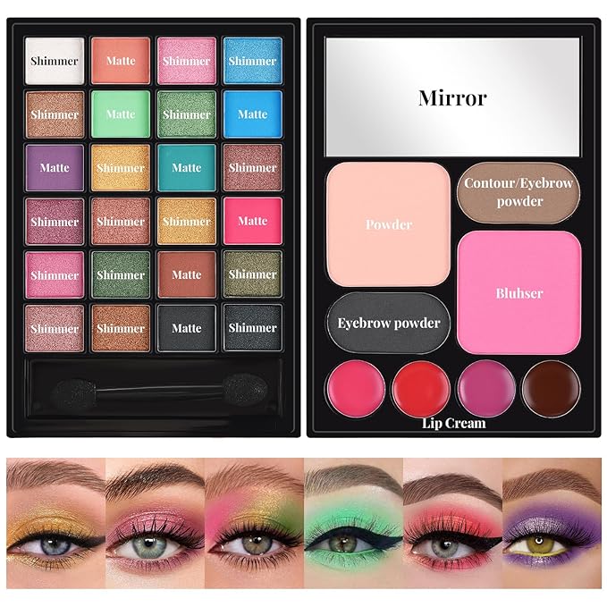 All in One Makeup Kit for Women Full Kit - 24 Eyeshadow, 4 Lipsticks, 1 Blushers, 1 Powder, 2 Eyebrow Powder, 1 Mirror, 1 Double Ended Brush, Makeup Gift Set for Teen Girls, Beginner and Professional-Velvo Beauty
