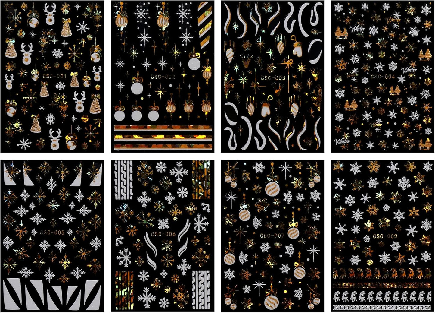 JMEOWIO 8 Sheets Christmas White Glitter Gold Nail Art Stickers Decals Self-Adhesive Snowflake Winter Holiday Nail Supplies Nail Art Design Decoration Accessories-Velvo Beauty