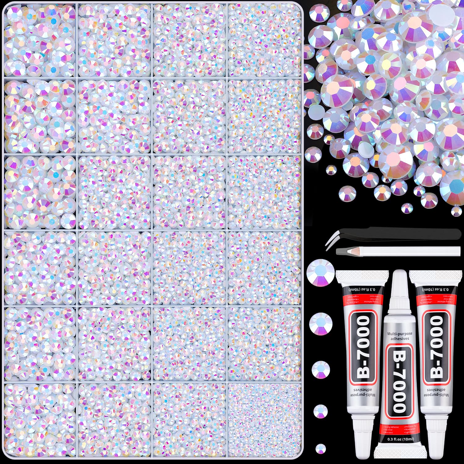 30000Pcs Resin White AB Rhinestones for Bedazzling Crafting with b7000 Jewelry Glue, Bulk Flatback Gems Bedazzler Kit for Crafts Clothes Shoes Fabric Nail Diamond Art, Assorted Size 2/3/4/5/6mm-Velvo Beauty